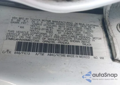 2011 Toyota Tacoma Prerunner V6 z USA, uszkodzony, nr VIN 3TMKU4HNXBM027355
